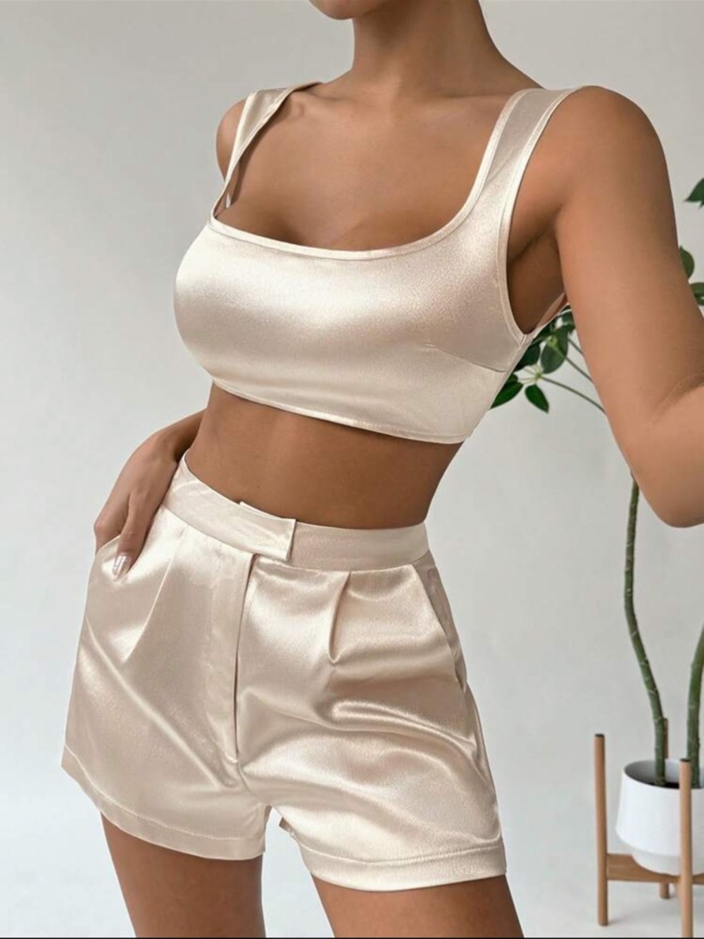 Champagne Pearl Satin 2 Piece Set – Crop Top & High Waist Short